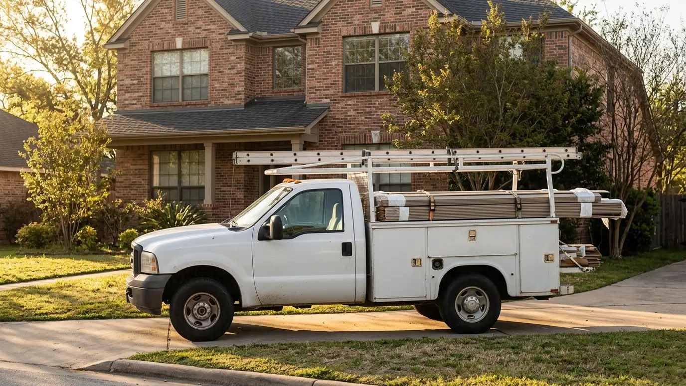 About Music City Siding A white work truck loaded with bundles of siding planks and a ladder parked in front of a brick home in warm morning light