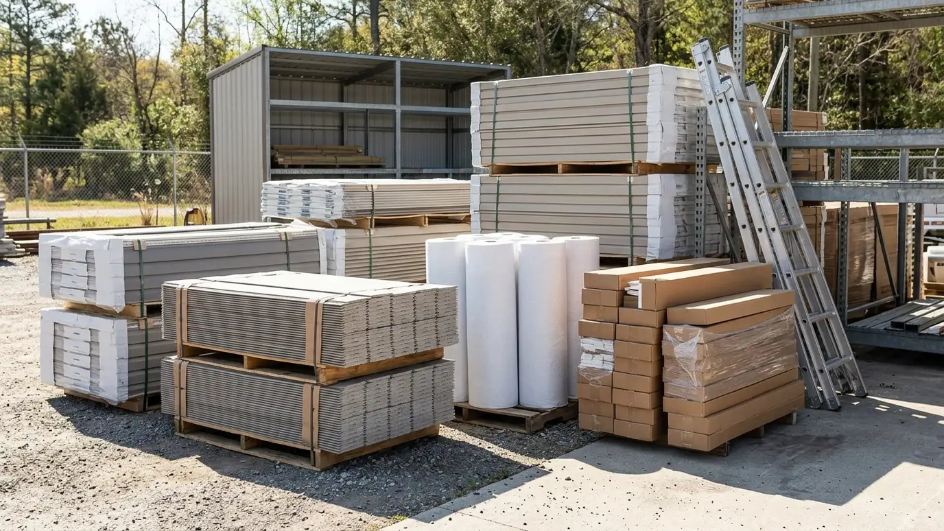 A tidy supply yard with neat bundles of vinyl and fiber cement siding, rolls of house wrap, boxes of trim and a ladder under bright light