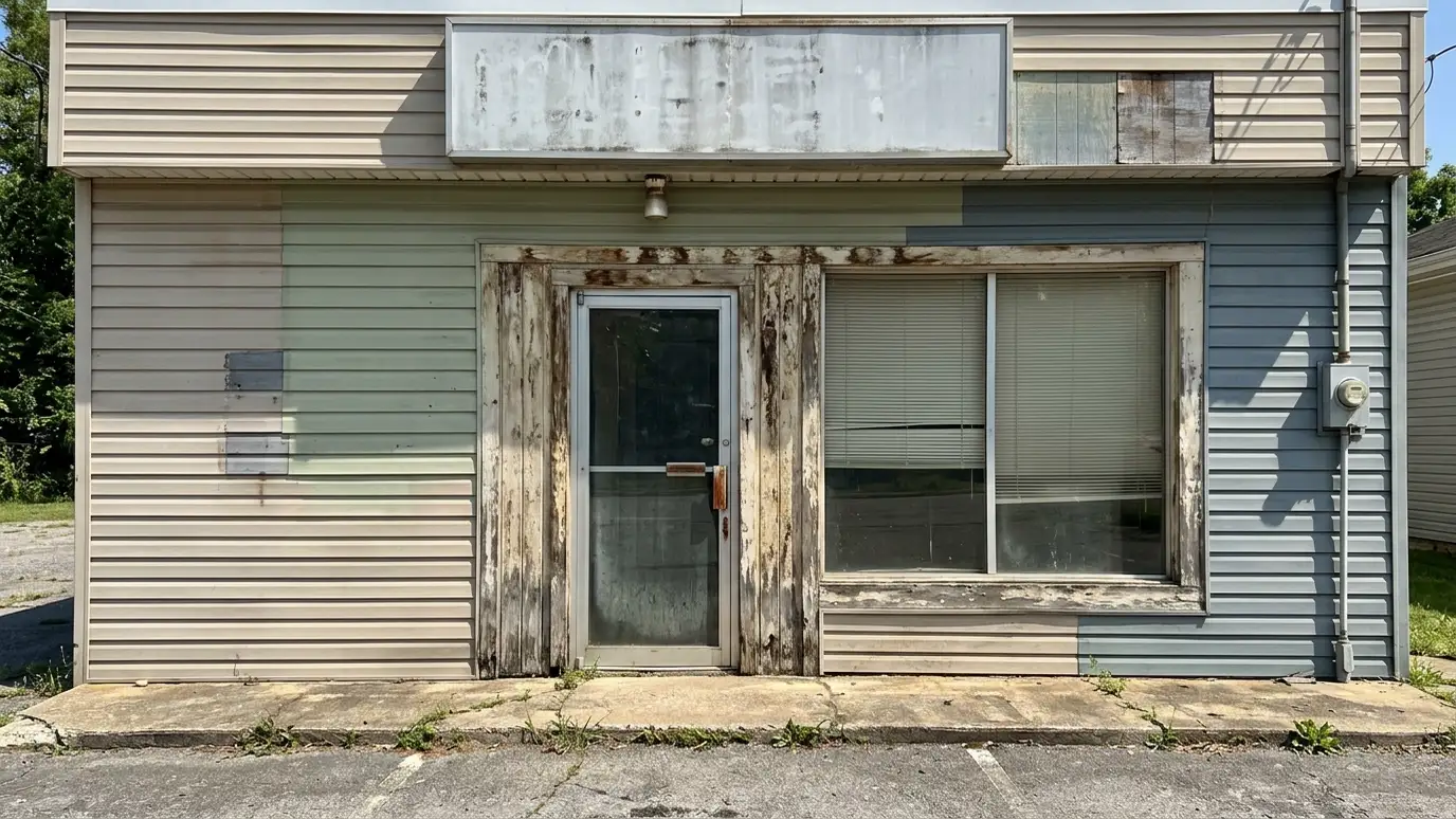 Before: a commercial building front with a dated commercial building with faded, mismatched siding