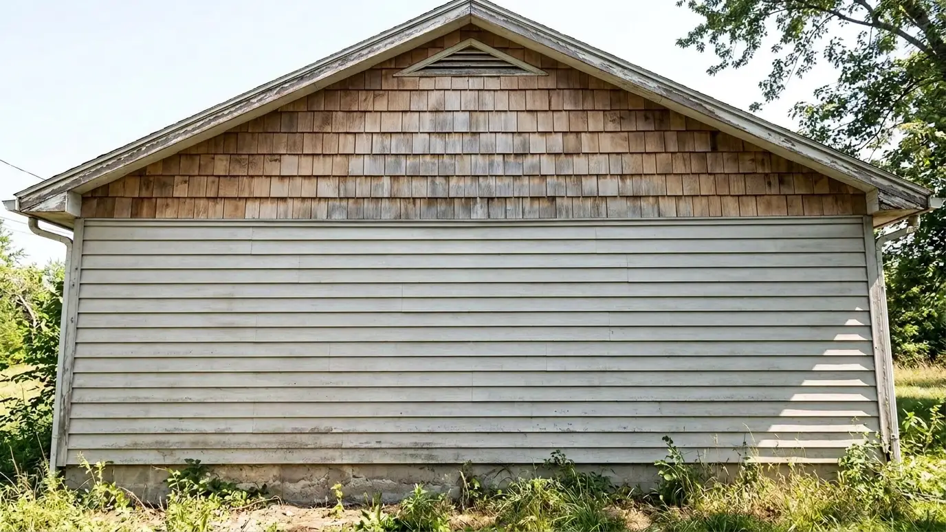 After: Plain gable gets cedar shingles | Music City Siding After: a gable end with natural cedar shingle siding above painted lap siding
