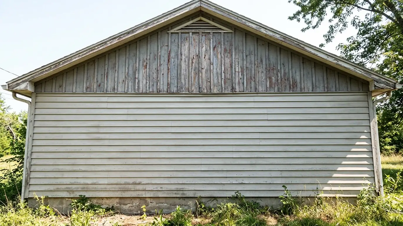 Before: a gable end with a plain flat gable with faded siding