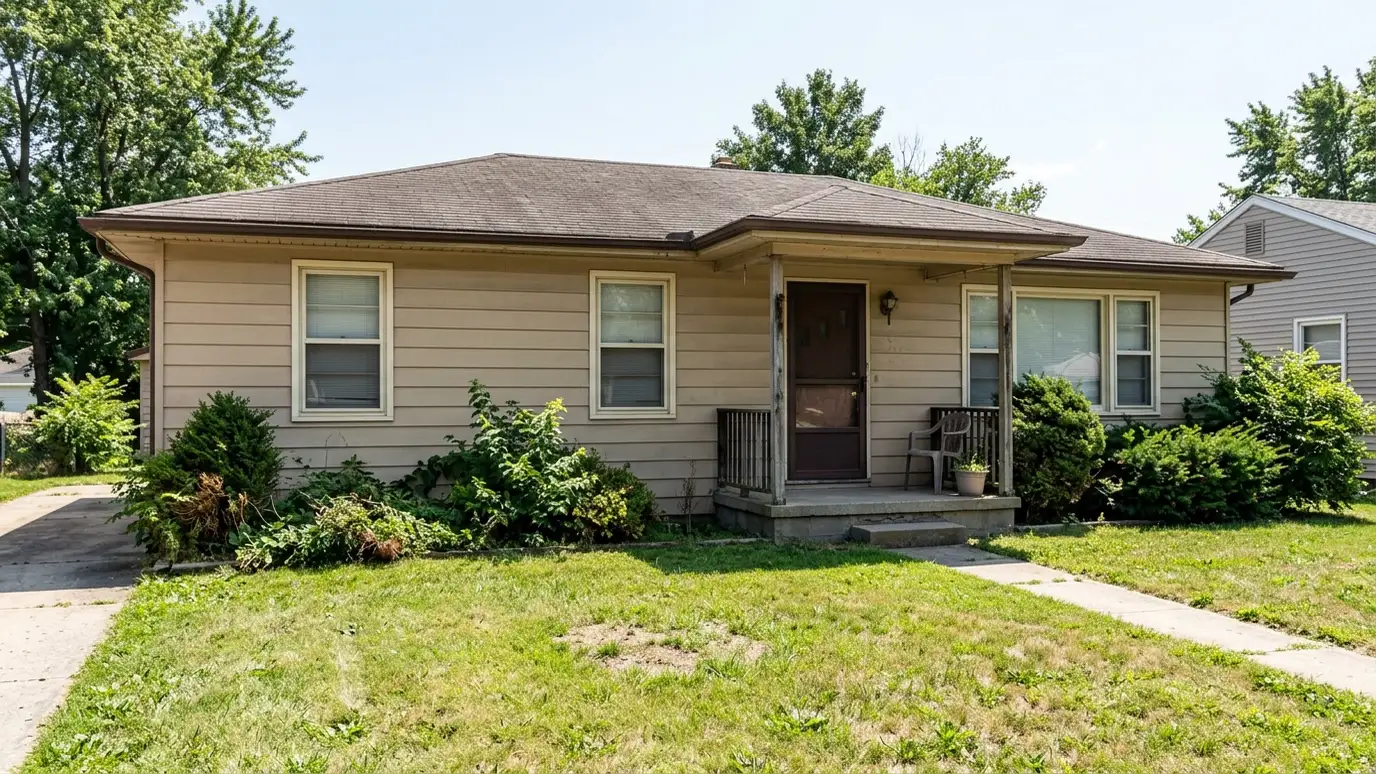 Before: a front elevation with a plain tan ranch house with dated siding