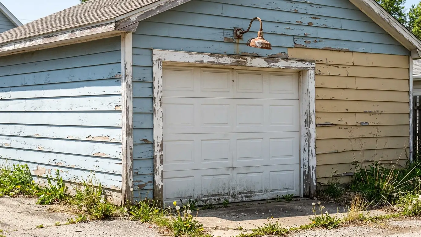 Before: a garage front with a garage front with peeling, mismatched siding
