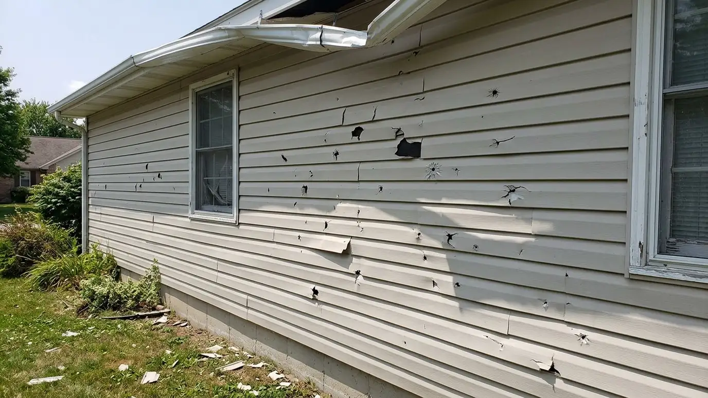 Before: a side wall with cracked and dented siding panels after a hail storm
