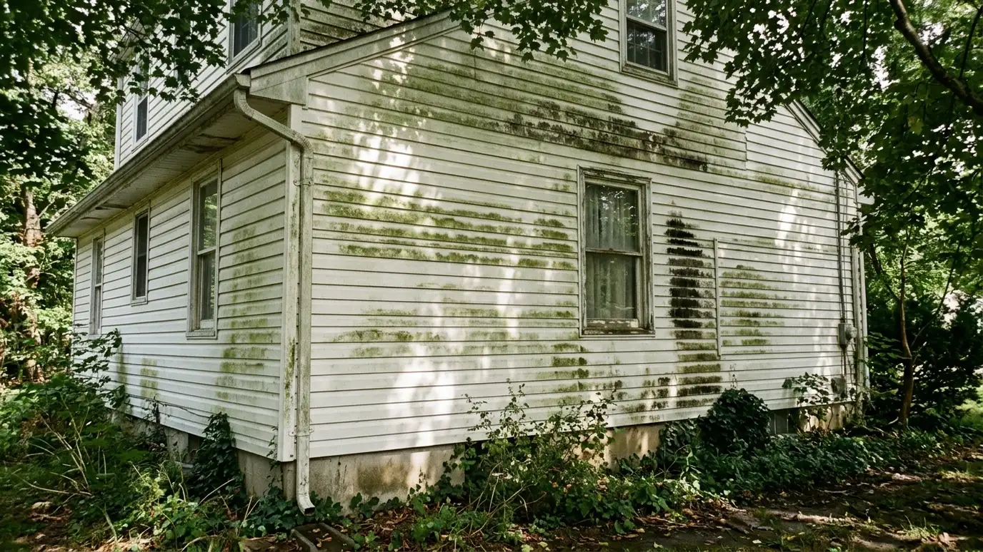 Before: a shaded wall with siding streaked with green algae and mildew