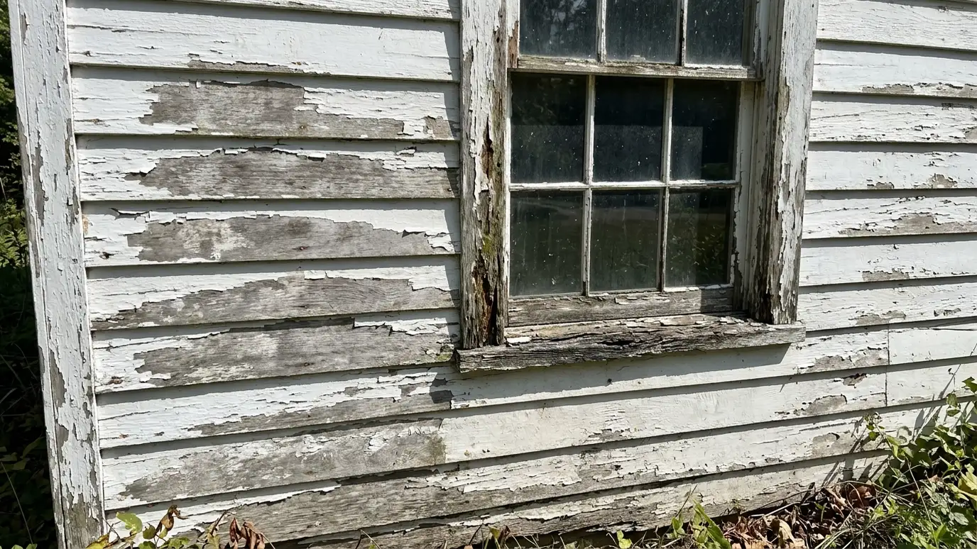 Before: a front wall with old wood siding with peeling paint and soft trim