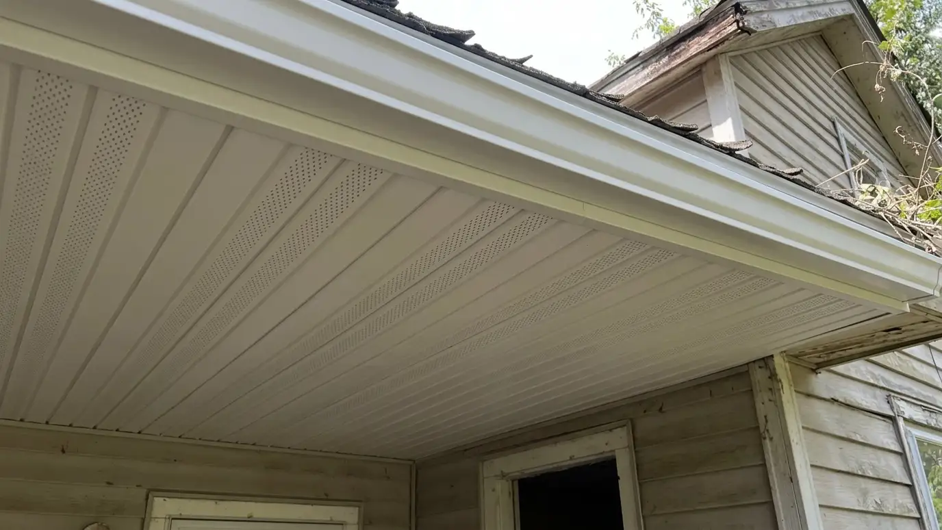 After: Peeling soffit made new | Music City Siding After: a roof overhang with fresh vented white soffit, wrapped fascia and a new seamless gutter