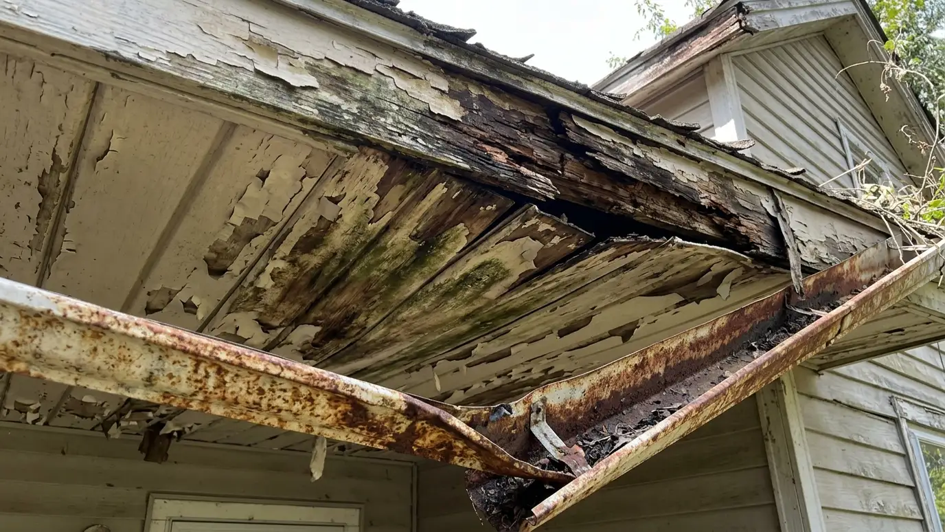 Before: a roof overhang with a roof overhang with peeling, sagging soffit and a rusty gutter