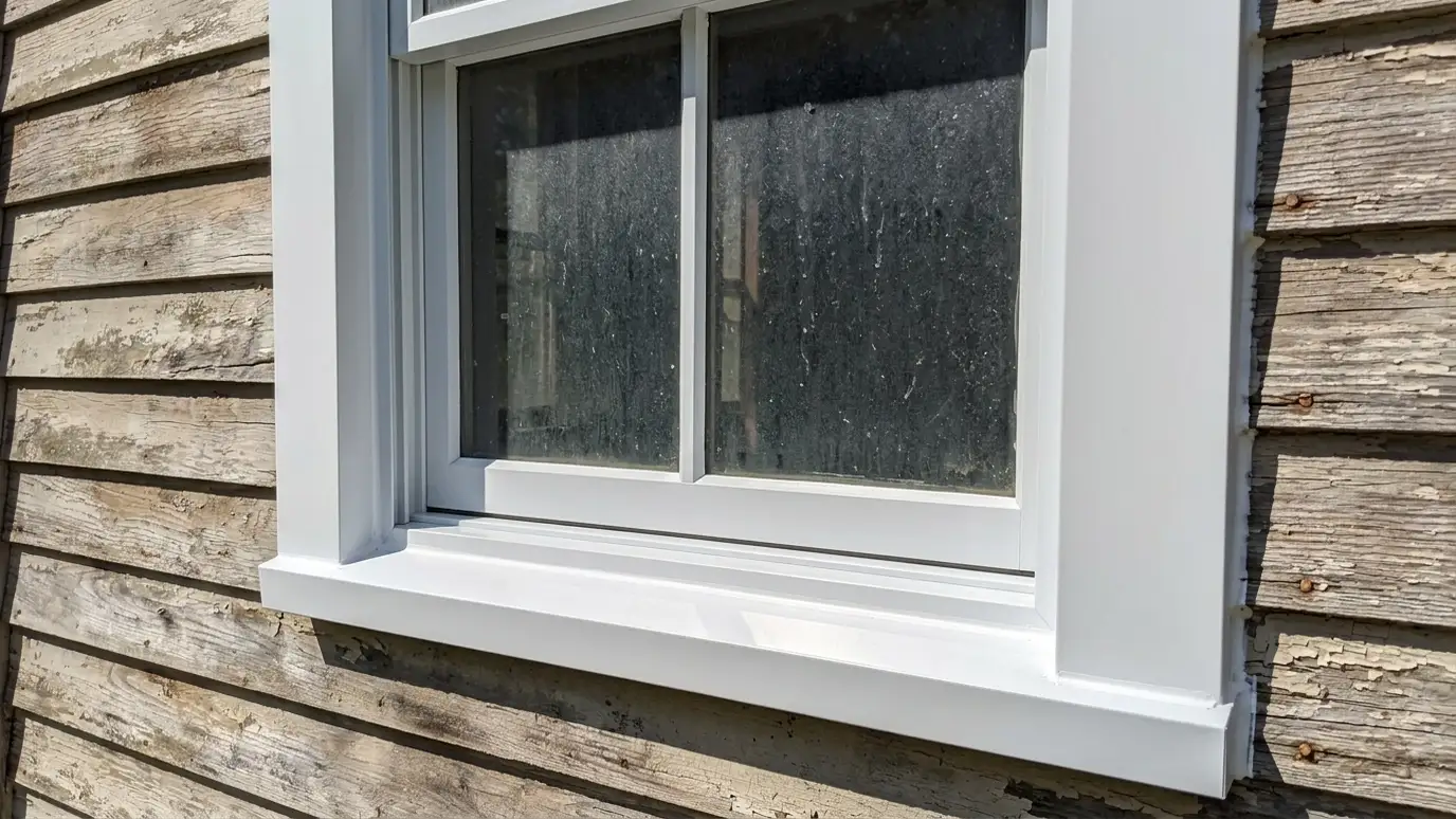 After: Rotted trim becomes crisp | Music City Siding After: a window with clean white aluminum-wrapped trim and a sloped sill