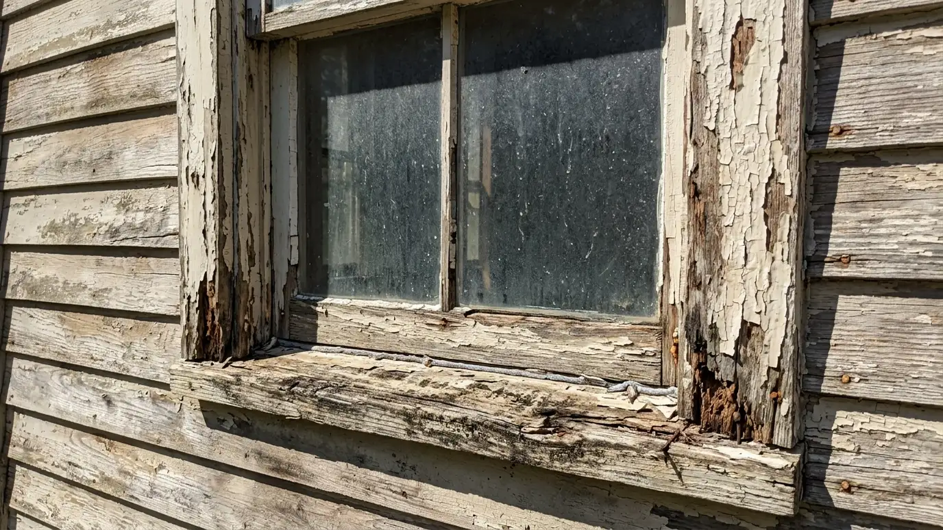 Before: a window with a window surrounded by peeling, rotted wood trim