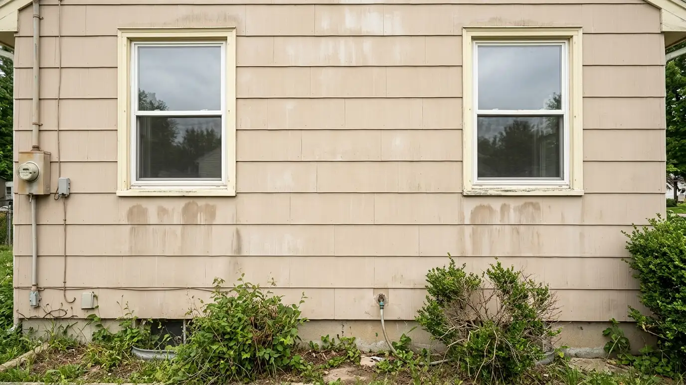 Before: a front wall with faded, chalky vinyl siding with dull stains