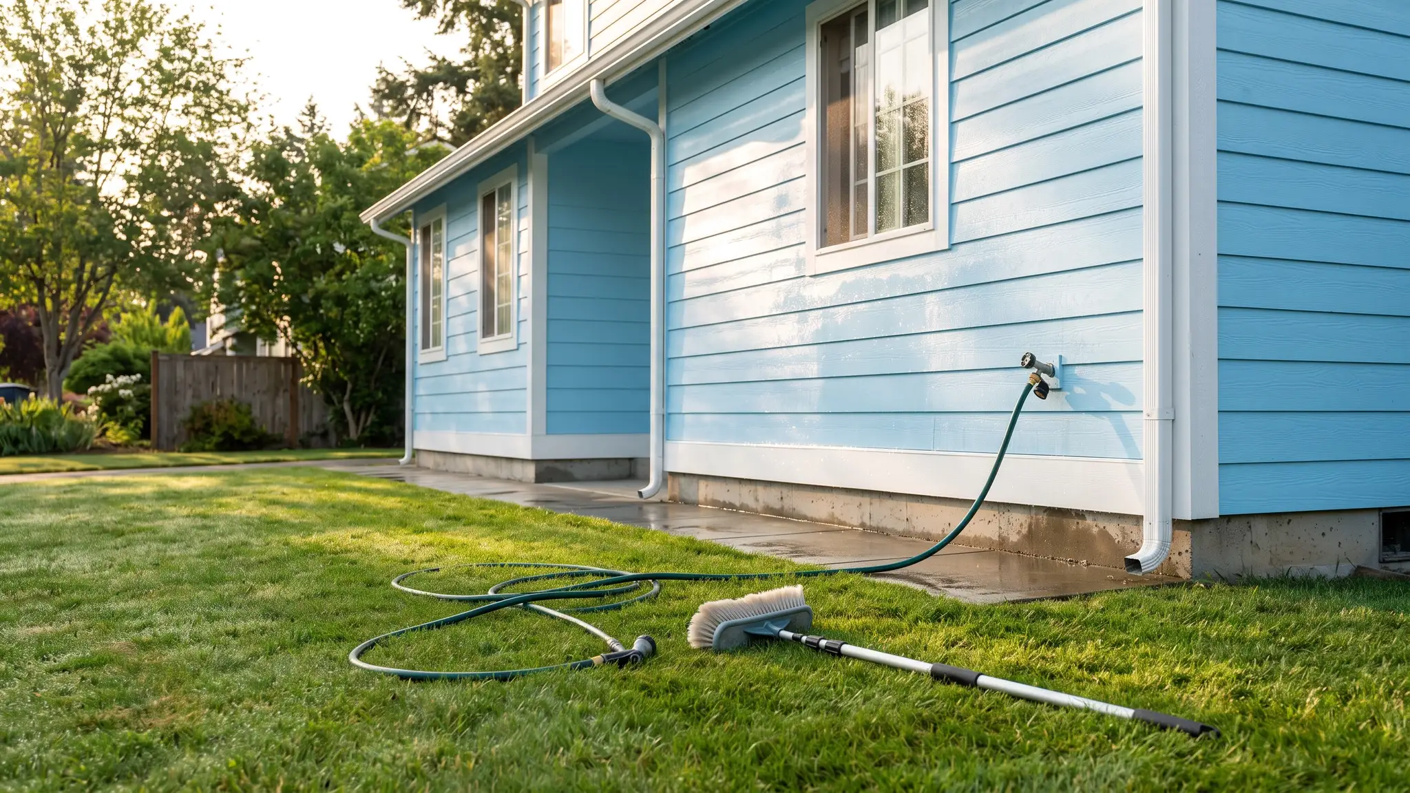 A freshly cleaned light blue house exterior with bright siding, white trim and a garden hose and soft brush resting on the lawn