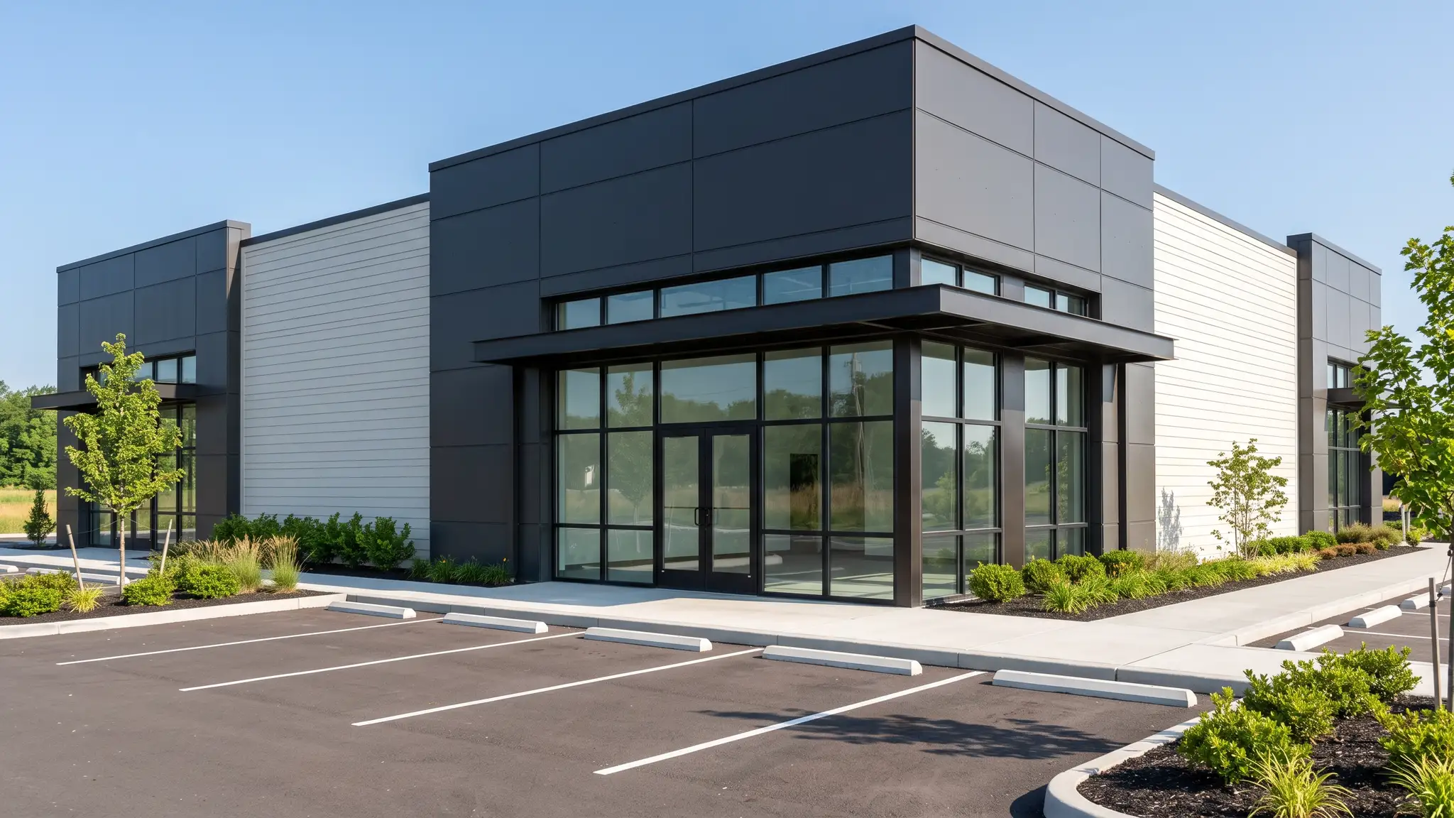 Commercial siding | Music City Siding A modern commercial building with clean metal panel and fiber cement siding, a storefront entrance and a tidy parking area in bright daylight