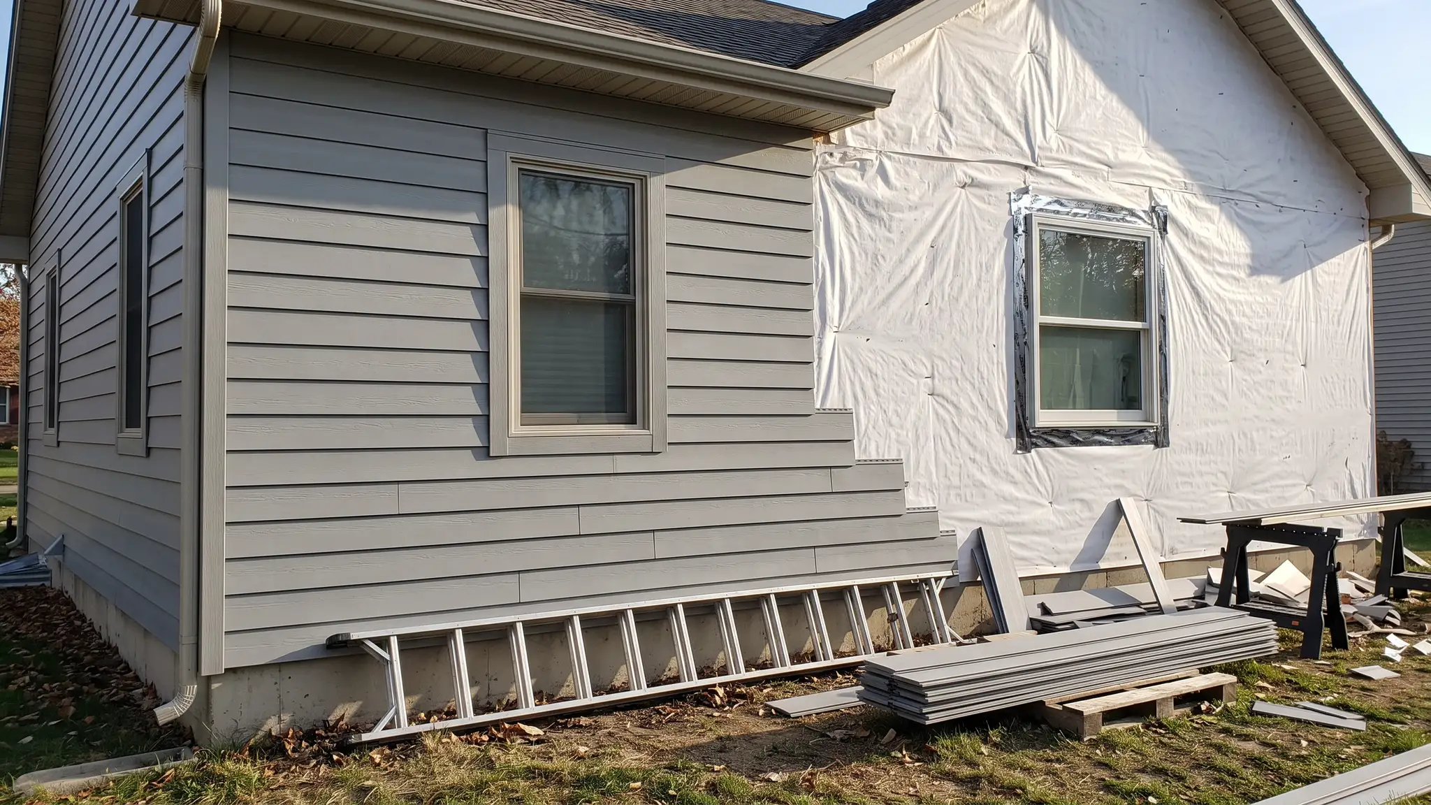 Siding installation | Music City Siding The wall of a house half covered with fresh siding and half still showing house wrap and flashed windows, with a ladder and a stack of siding planks nearby