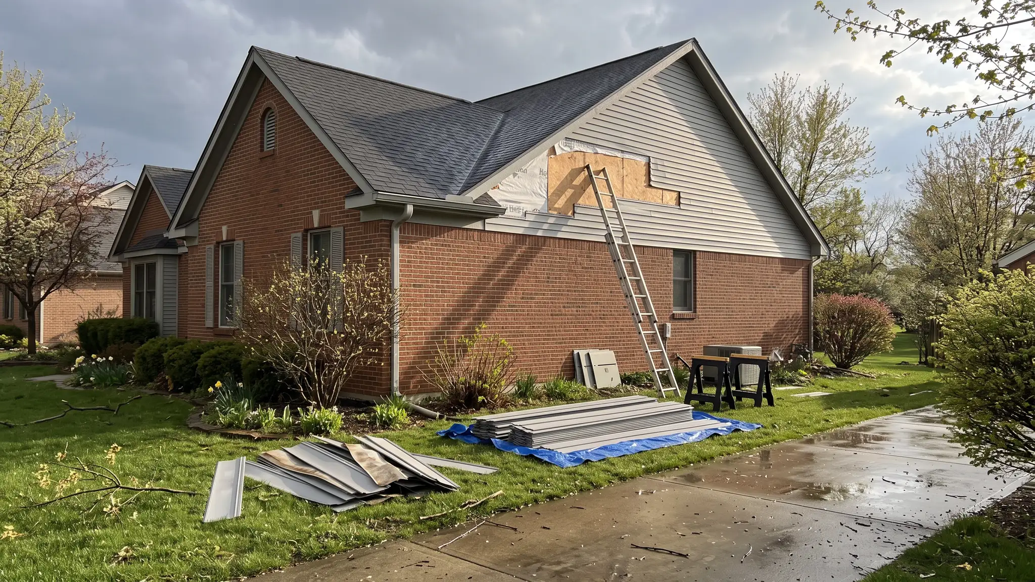 Repair and storm damage | Music City Siding A brick and siding house after a spring storm with a few damaged siding panels being replaced and fresh new panels beside the old ones