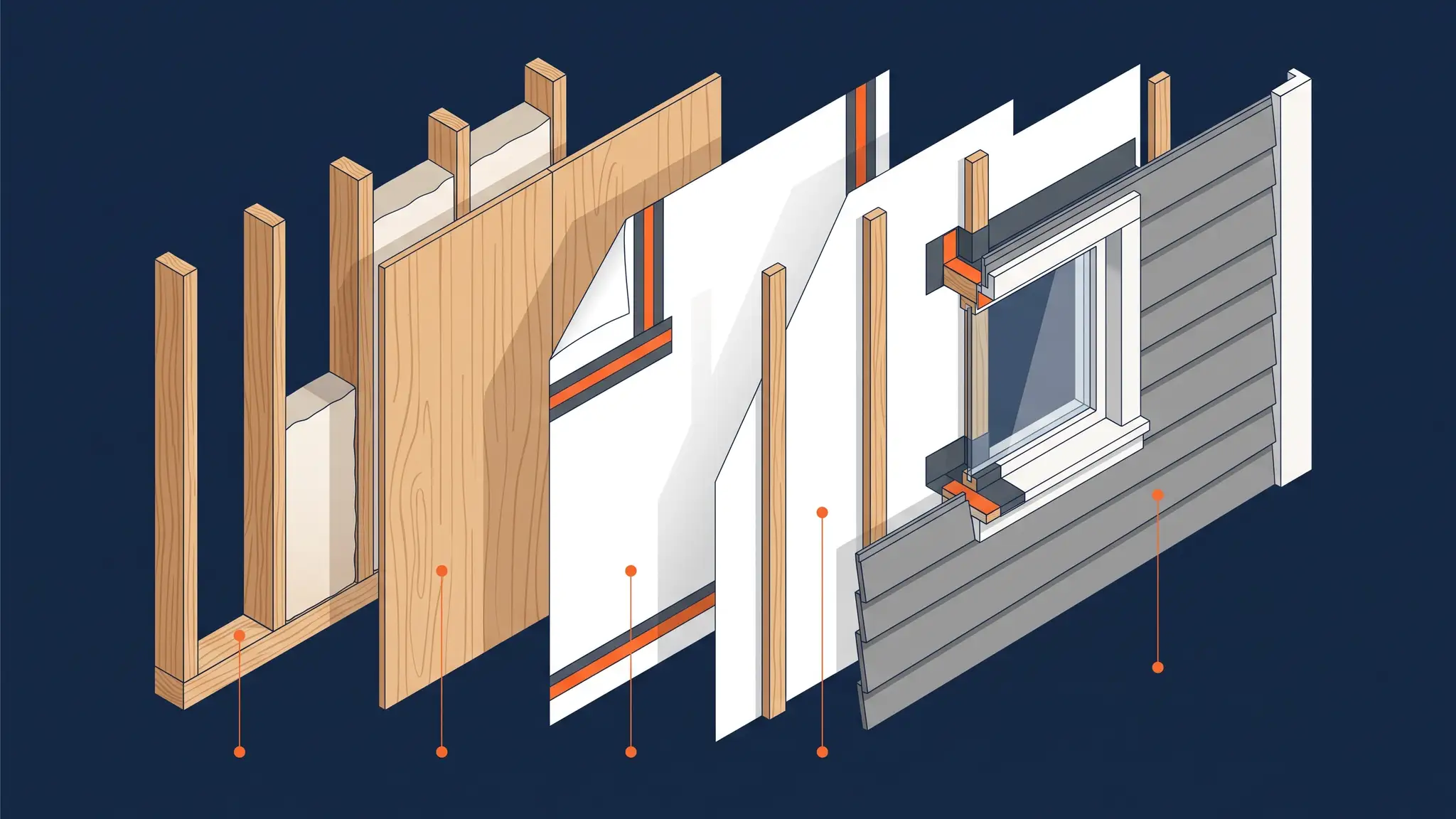 A cutaway illustration of an exterior wall showing the layers from the inside out: framing, sheathing, house wrap, a drainage gap, siding and trim, with flashing at a window
