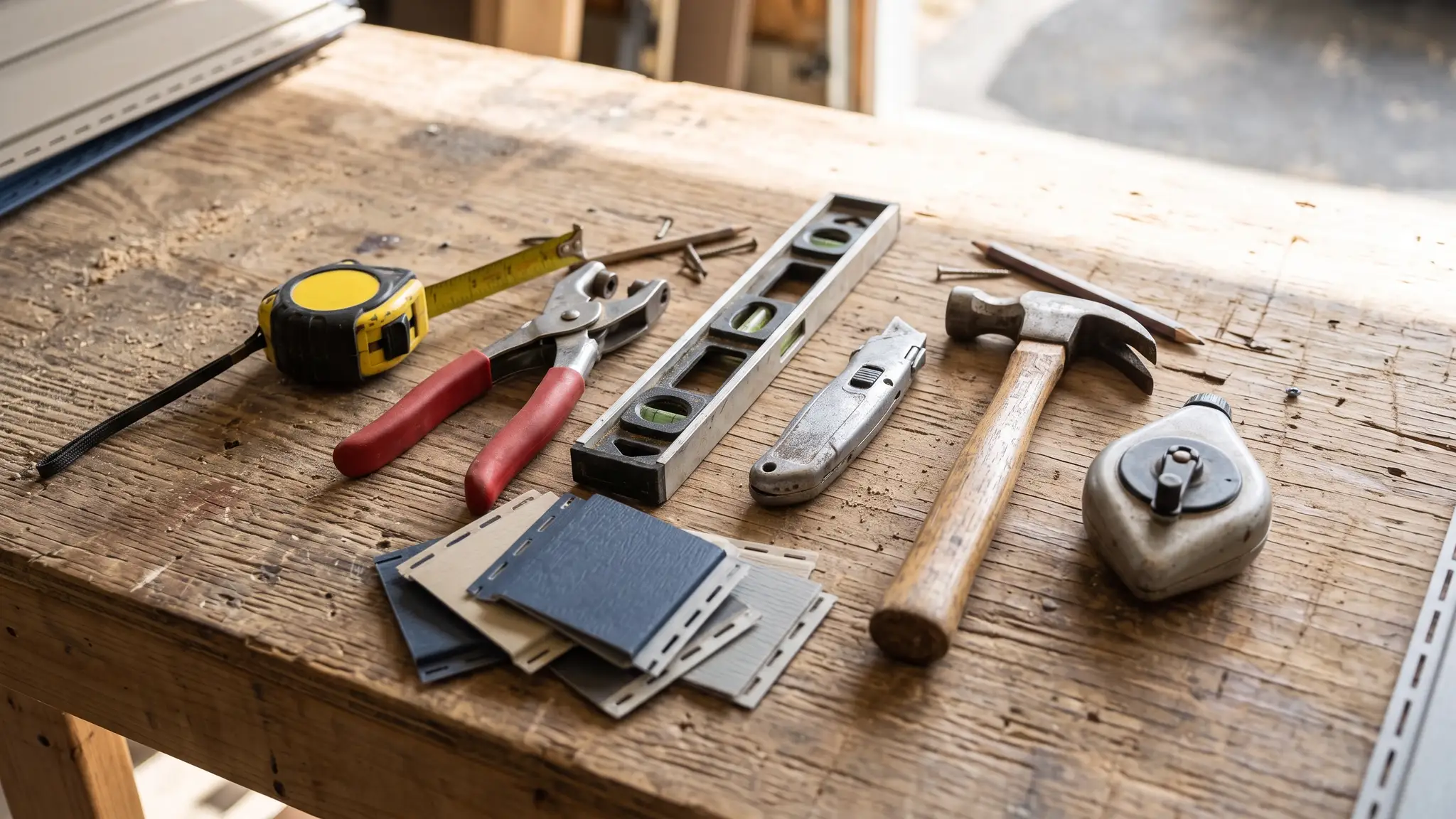 Siding tools and calculators | Music City Siding Siding installation tools laid on a workbench: a tape measure, a snap lock punch, a level, a utility knife, a hammer, a chalk line and a few siding samples