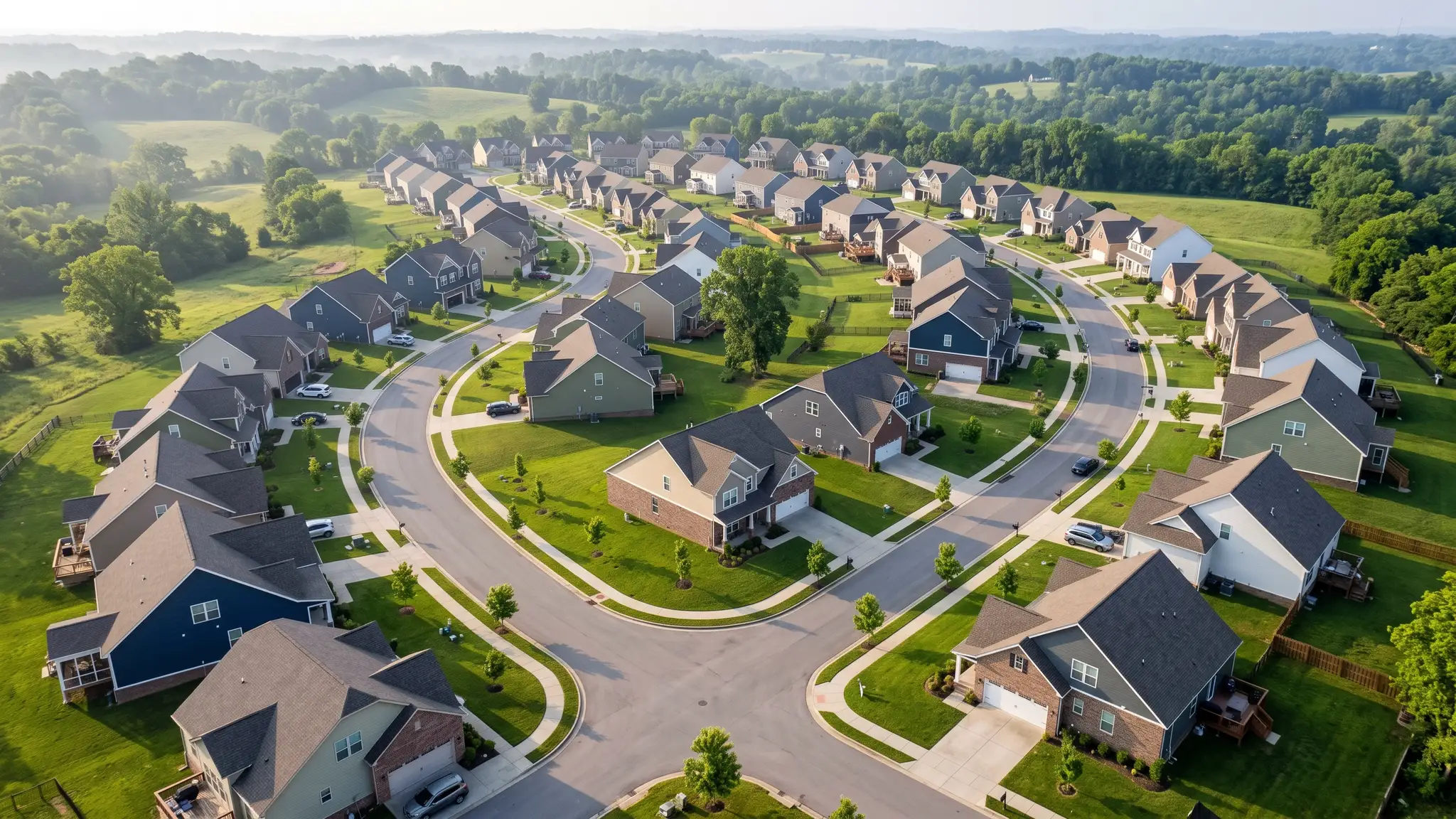 Siding resource guides | Music City Siding An aerial view of a Tennessee subdivision with homes in a mix of siding colors, driveways and young trees in soft morning light