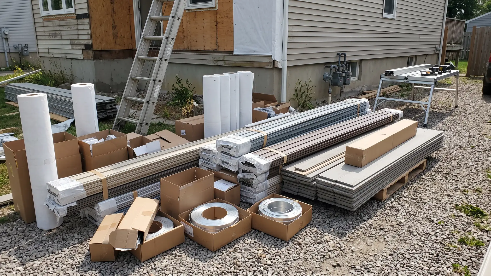 A siding job staging area with bundles of vinyl and fiber cement siding planks, rolls of house wrap, boxes of trim and a ladder beside a house