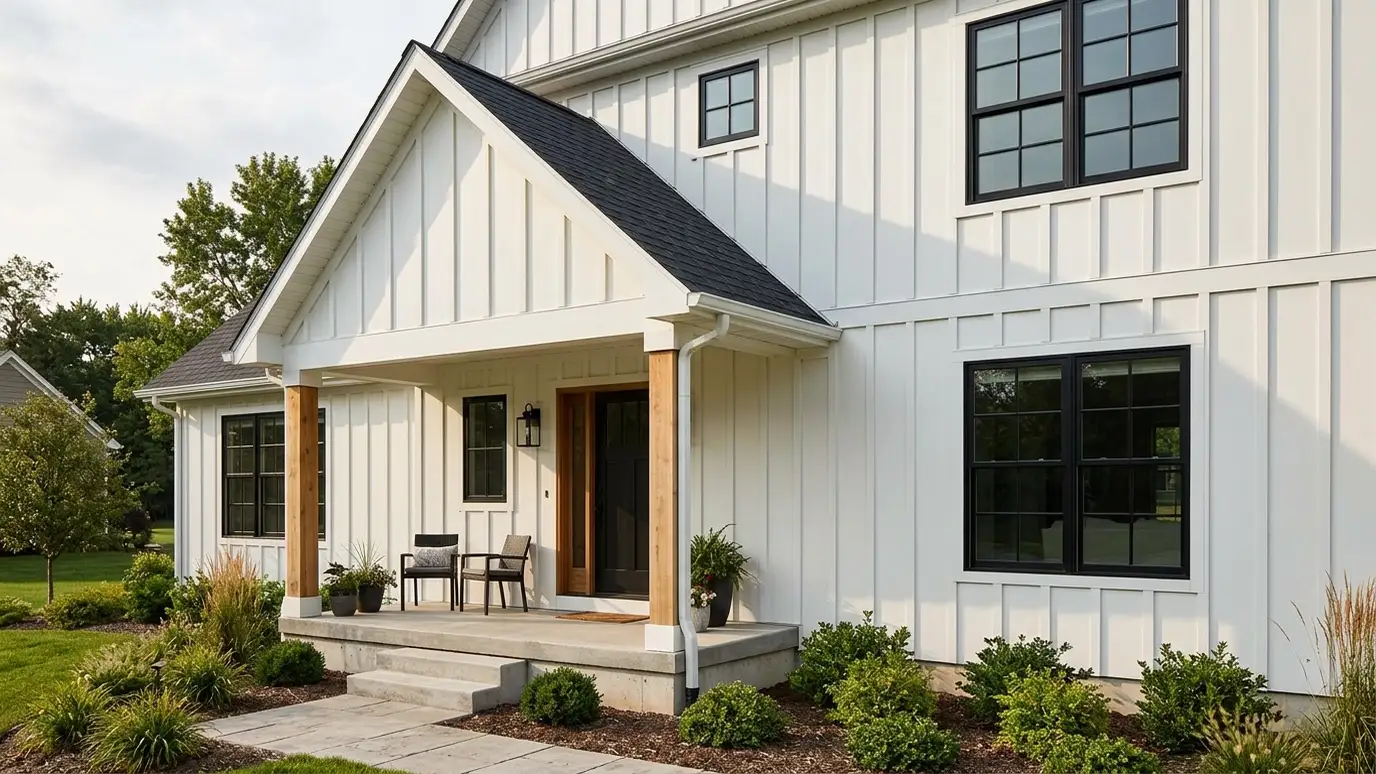 A white board and batten wall with black windows and a gabled porch