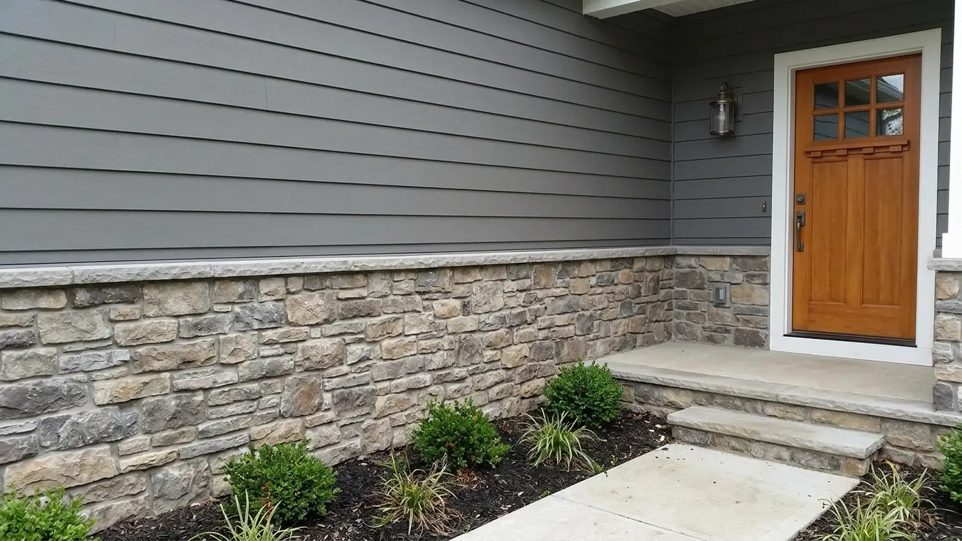 A stone veneer wainscot along the base of a siding wall beside a front entry