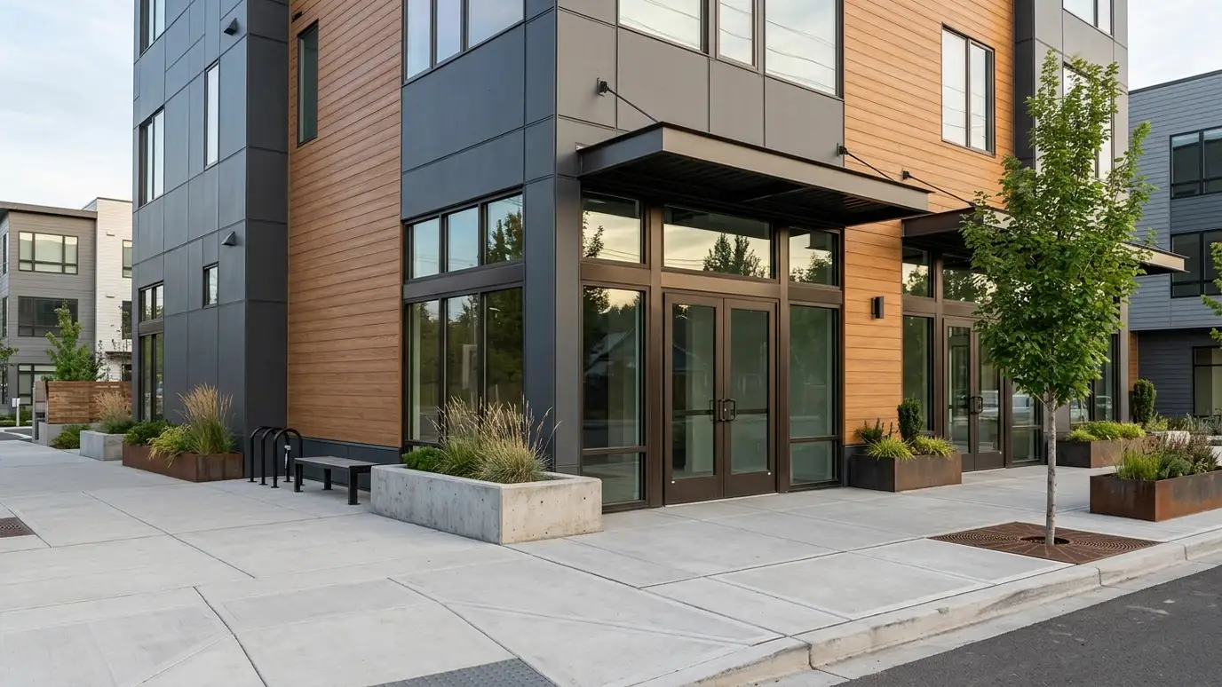 A modern commercial storefront with metal panel and fiber cement siding