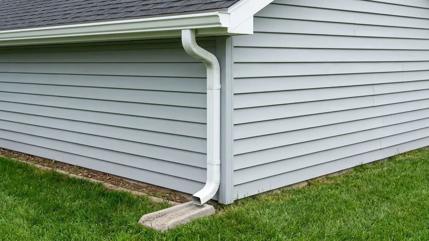 A seamless white gutter and downspout along a freshly sided wall