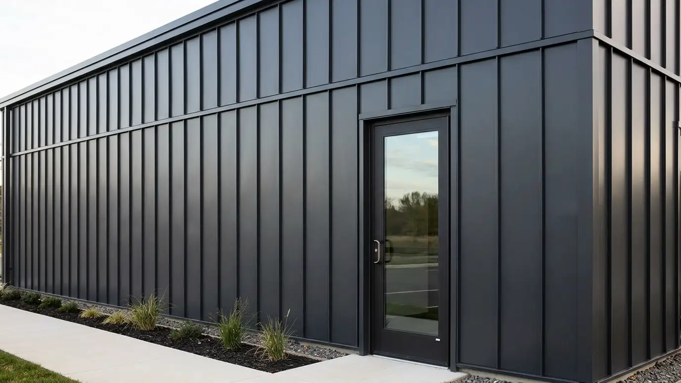 A modern building wall with charcoal vertical metal panels and a clean trim line