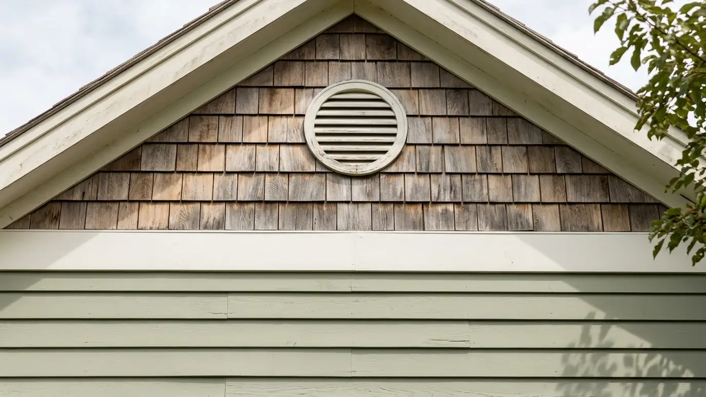 A cottage gable covered in natural cedar shingles above painted lap siding