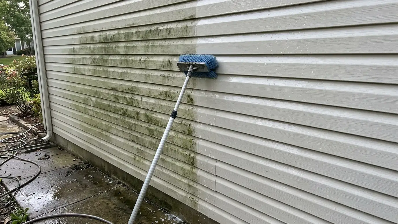 A half-cleaned siding wall showing bright clean siding next to green algae stains
