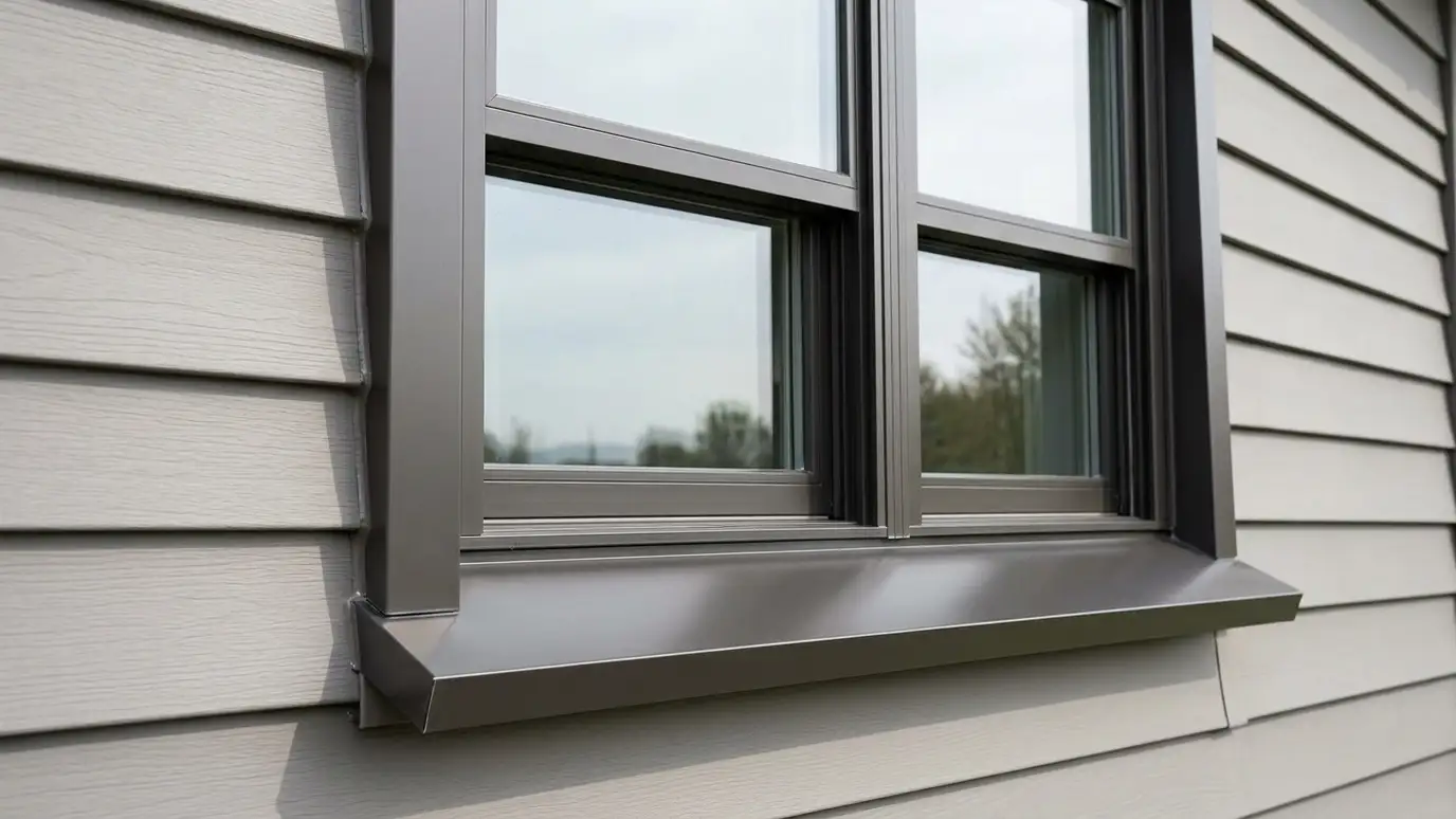 A window with a crisp aluminum trim wrap and a sloped sill on a sided wall
